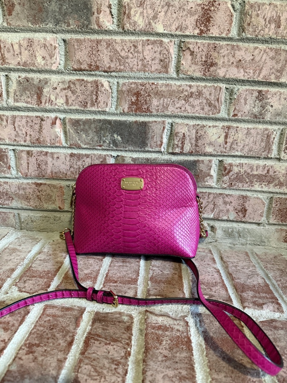 MICHAEL Michael Kors Fuchsia Python-Embossed Crossbody with Gold Hardware
